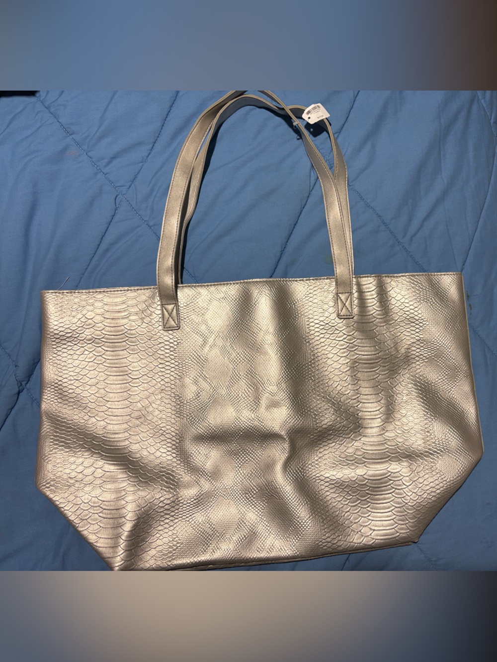 Metallic Silver Textured Tote Bag - Women's Shopper